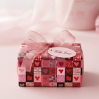 Romantic pink patchwork heart wrapping paper with a sheer pink ribbon and "With Love" gift tag, perfect for Valentine's Day or anniversaries.