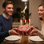 Romantic red and pink heart pattern wrapping paper with a sheer gold ribbon, perfect for luxury anniversary or Valentine's Day gifts.