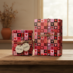 Romantic patchwork heart wrapping paper for Valentine's Day gifts, tied with twine and "Together Always" tags, on a rustic wooden table.