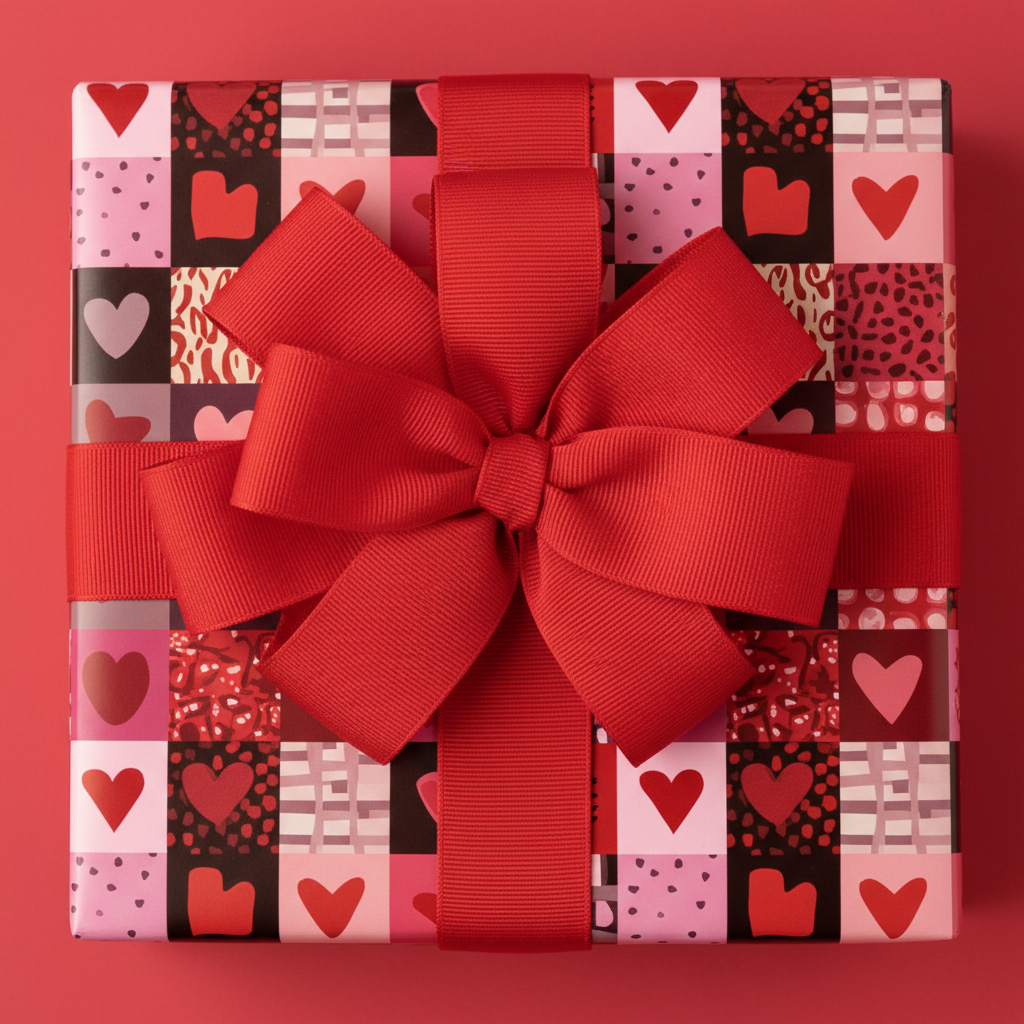 Modern Valentine's Day gift wrap with a patchwork heart pattern in pink, red, and black, tied with a large red grosgrain bow.