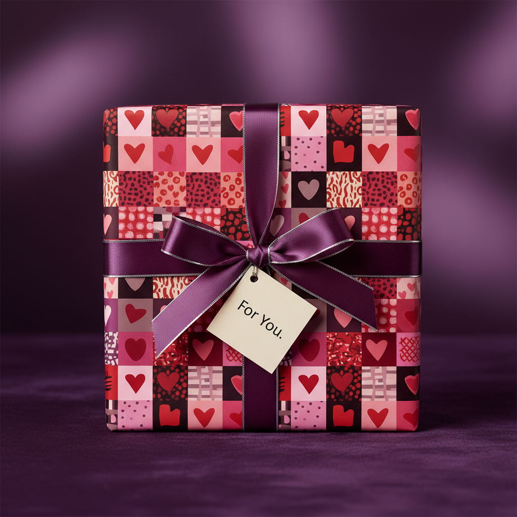 Valentine's Day gift wrap with a patchwork heart pattern in shades of red and pink, tied with a luxurious purple satin ribbon and "For You" tag.