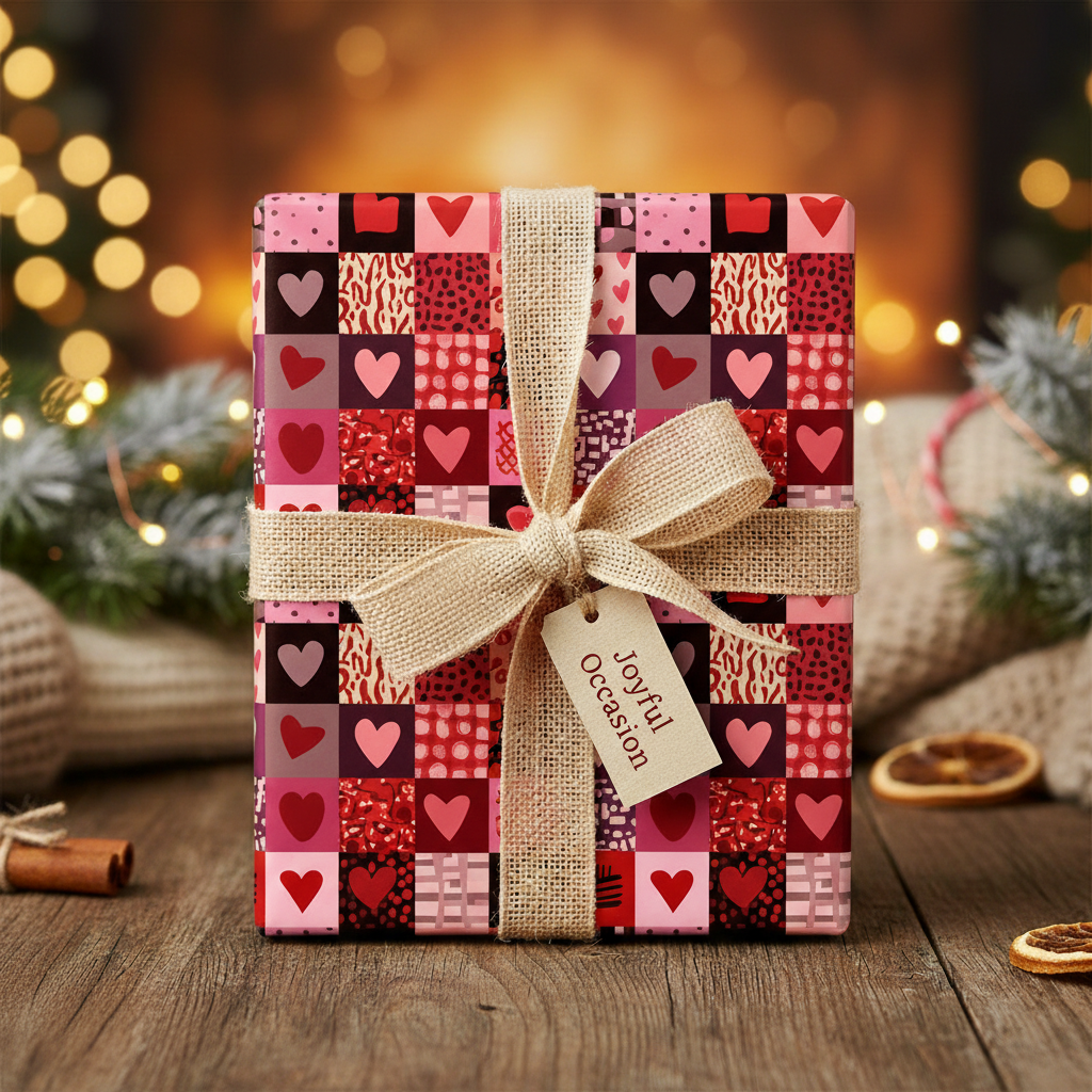 Valentine's Day gift wrapped in modern patchwork heart wrapping paper with a burlap ribbon, tag, and a cozy fireplace bokeh background.