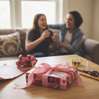 Pink patterned wrapping paper with hearts, a "Wrapped With Stories" tag, and a pink ribbon, for a birthday or special occasion gift.