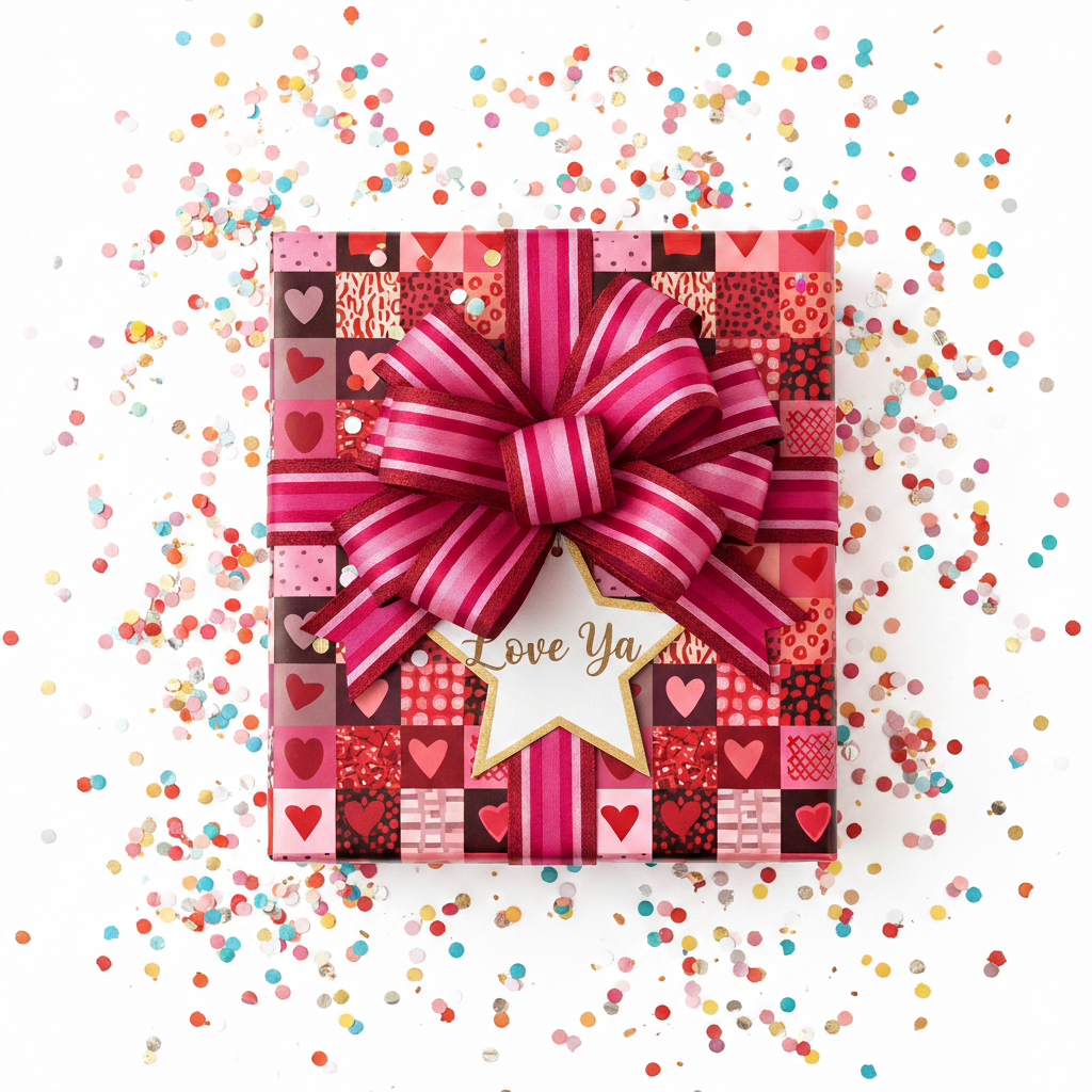 Playful red and pink heart patchwork wrapping paper with a striped magenta bow and "Love Ya" gift tag, surrounded by colorful confetti.