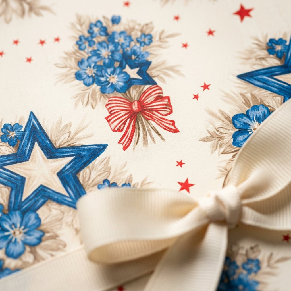 Vintage patriotic wrapping paper with blue stars and flowers, tied with cream ribbon by Wrapped Studios.