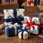 Patriotic 4th of July wrapping paper with blue stars, floral patterns, and red ribbons by Wrapped Studios.