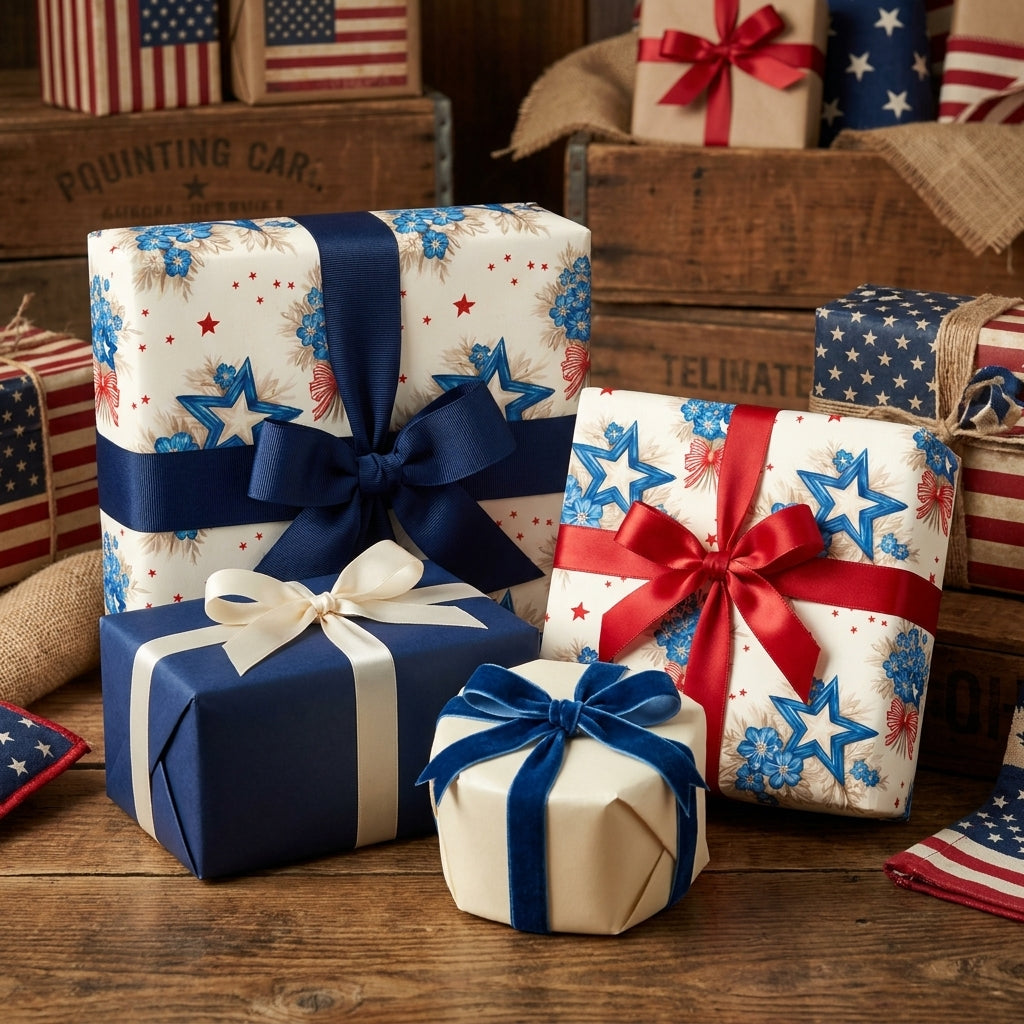 Patriotic 4th of July wrapping paper with blue stars, floral patterns, and red ribbons by Wrapped Studios.
