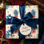 Patriotic 4th of July wrapping paper by Wrapped Studios with vintage floral star pattern and blue satin bow.