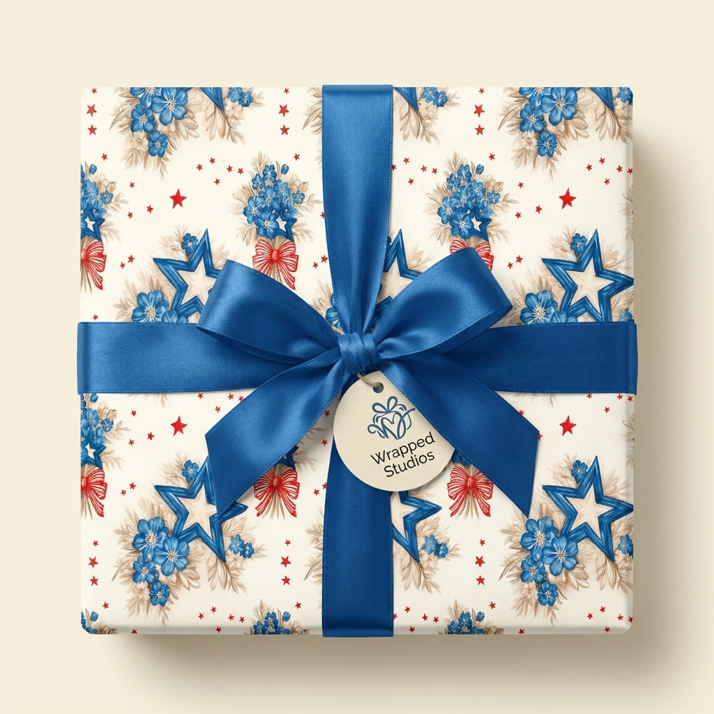 Patriotic floral wrapping paper with blue flowers, stars, and a satin bow from Wrapped Studios.