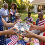 Hands sharing a gift in patriotic wrapping paper with stars at a 4th of July backyard picnic. Wrapped Studios.
