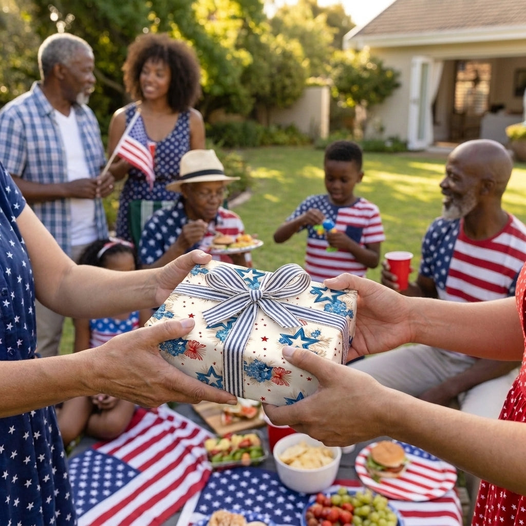Hands sharing a gift in patriotic wrapping paper with stars at a 4th of July backyard picnic. Wrapped Studios.