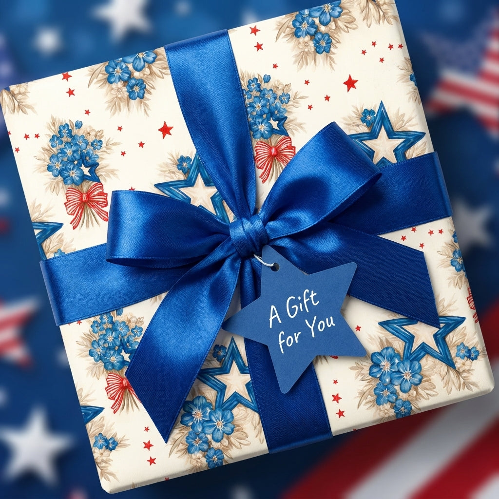 Patriotic 4th of July floral wrapping paper with a blue satin bow by Wrapped Studios.
