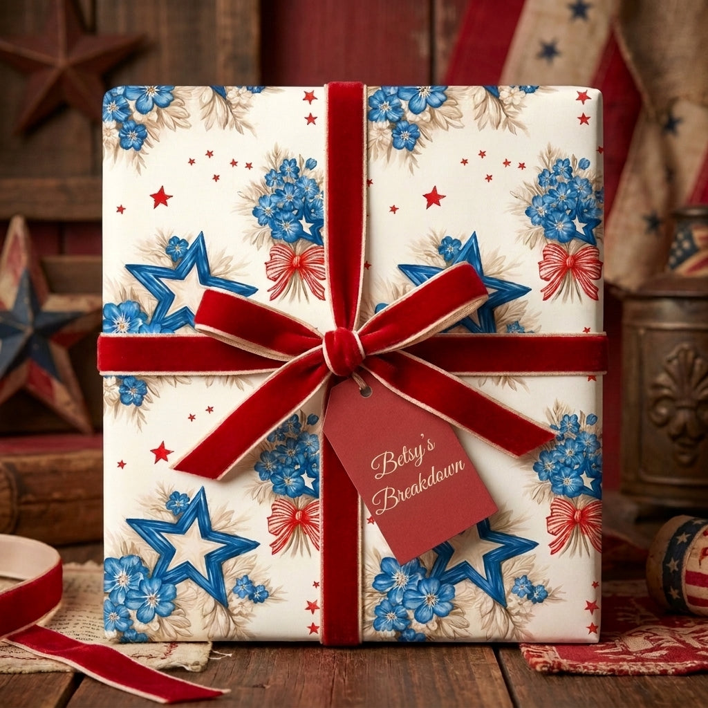 Vintage patriotic wrapping paper with blue floral stars, tied with a red velvet ribbon by Wrapped Studios.