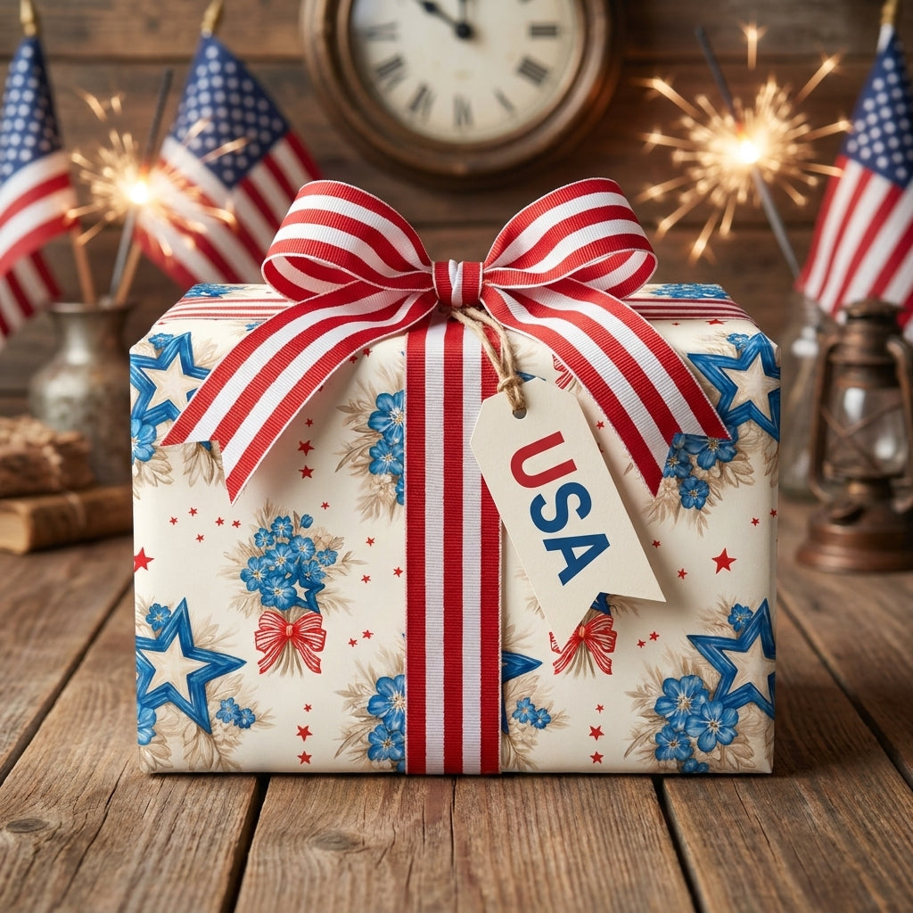 Patriotic 4th of July wrapping paper with stars, flowers, and a red striped bow by Wrapped Studios.