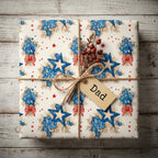 Patriotic blue floral wrapping paper on a rustic Father's Day gift box by Wrapped Studios.