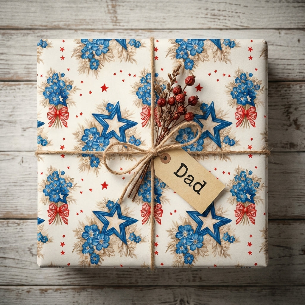 Patriotic blue floral wrapping paper on a rustic Father's Day gift box by Wrapped Studios.