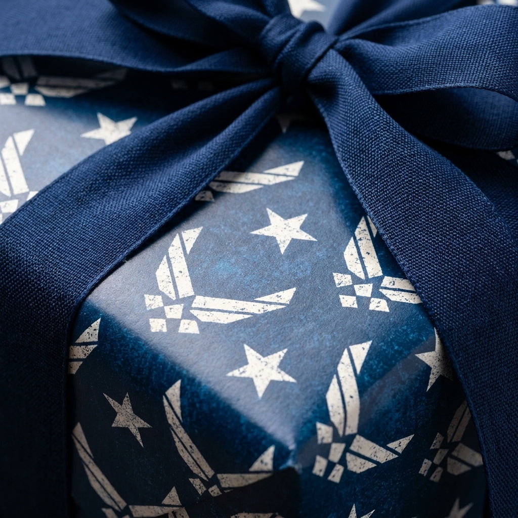 Navy blue US Air Force wrapping paper with star pattern and matching ribbon bow by Wrapped Studios.