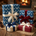 Navy blue Air Force wrapping paper with stars on holiday gifts by a fireplace, from Wrapped Studios.