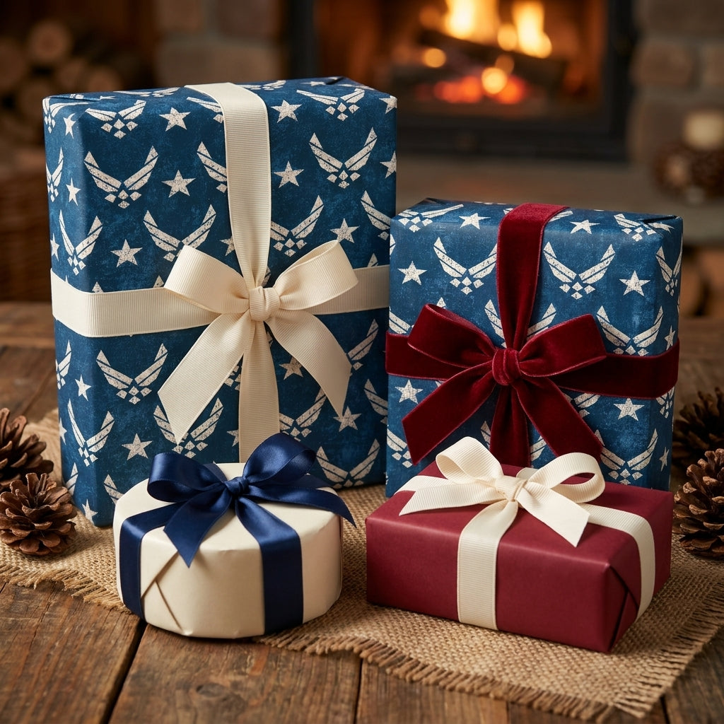 Navy blue Air Force wrapping paper with stars on holiday gifts by a fireplace, from Wrapped Studios.