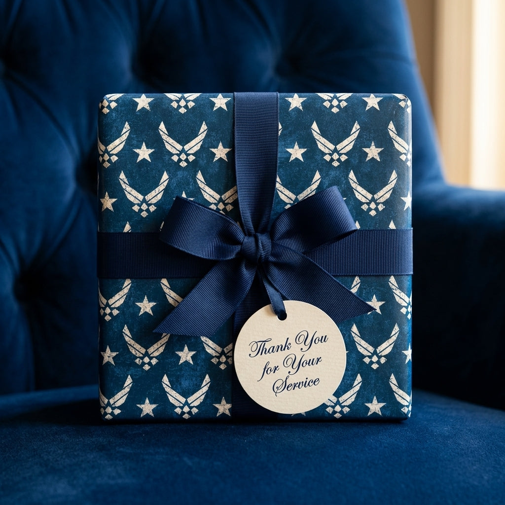 Navy blue Air Force military gift wrap with a navy ribbon and thank you tag by Wrapped Studios.