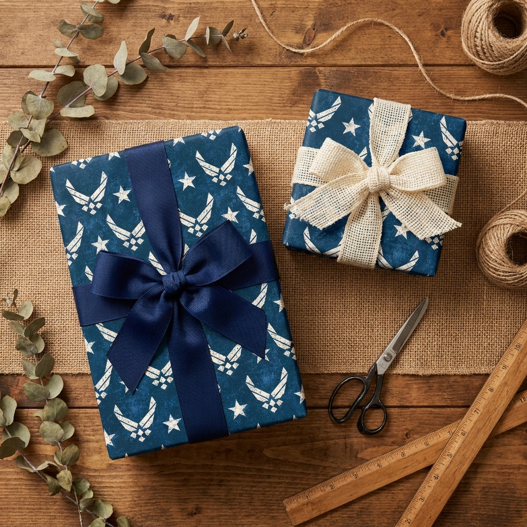 Navy blue Air Force wrapping paper with stars by Wrapped Studios, styled on gifts with rustic ribbon bows.