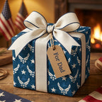 Patriotic Air Force wrapping paper with stars, cream ribbon, and "For Dad" gift tag by Wrapped Studios.