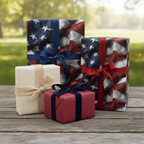 Patriotic wrapping paper: Gifts wrapped in American flag designs with blue and red ribbons, plus tan wrap with burlap bow.
