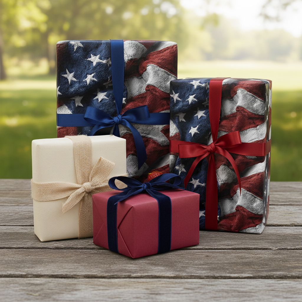 Patriotic wrapping paper: Gifts wrapped in American flag designs with blue and red ribbons, plus tan wrap with burlap bow.