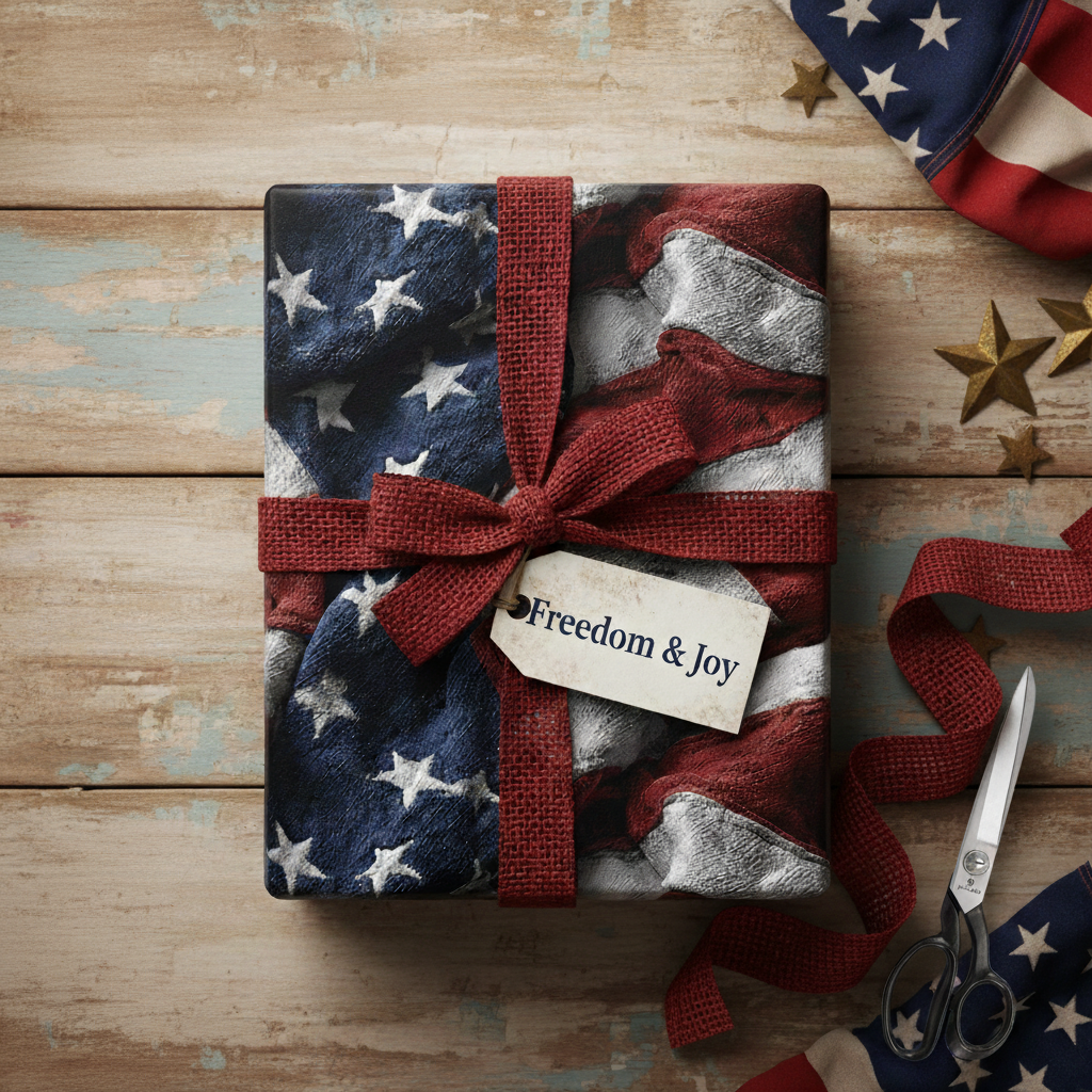 Patriotic gift wrap with American flag design and red ribbon, perfect for 4th of July or a military homecoming.