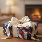 American flag wrapping paper on a gift box with ivory satin ribbon and "Sweet Home USA" tag.