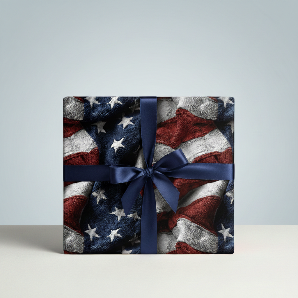 Square gift box wrapped in American flag print paper with a navy blue satin bow.