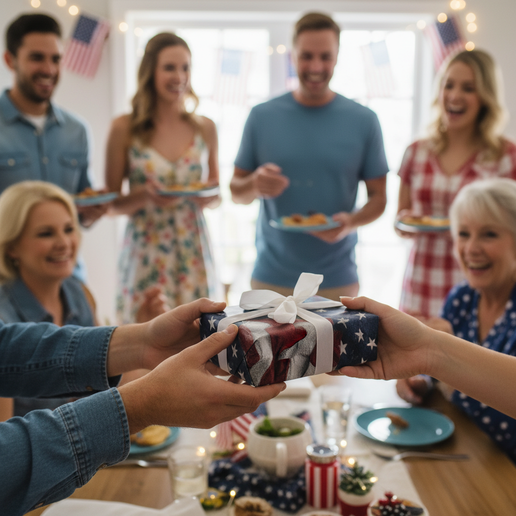 Gift exchange with patriotic wrapping paper and a white ribbon at a 4th of July family celebration.