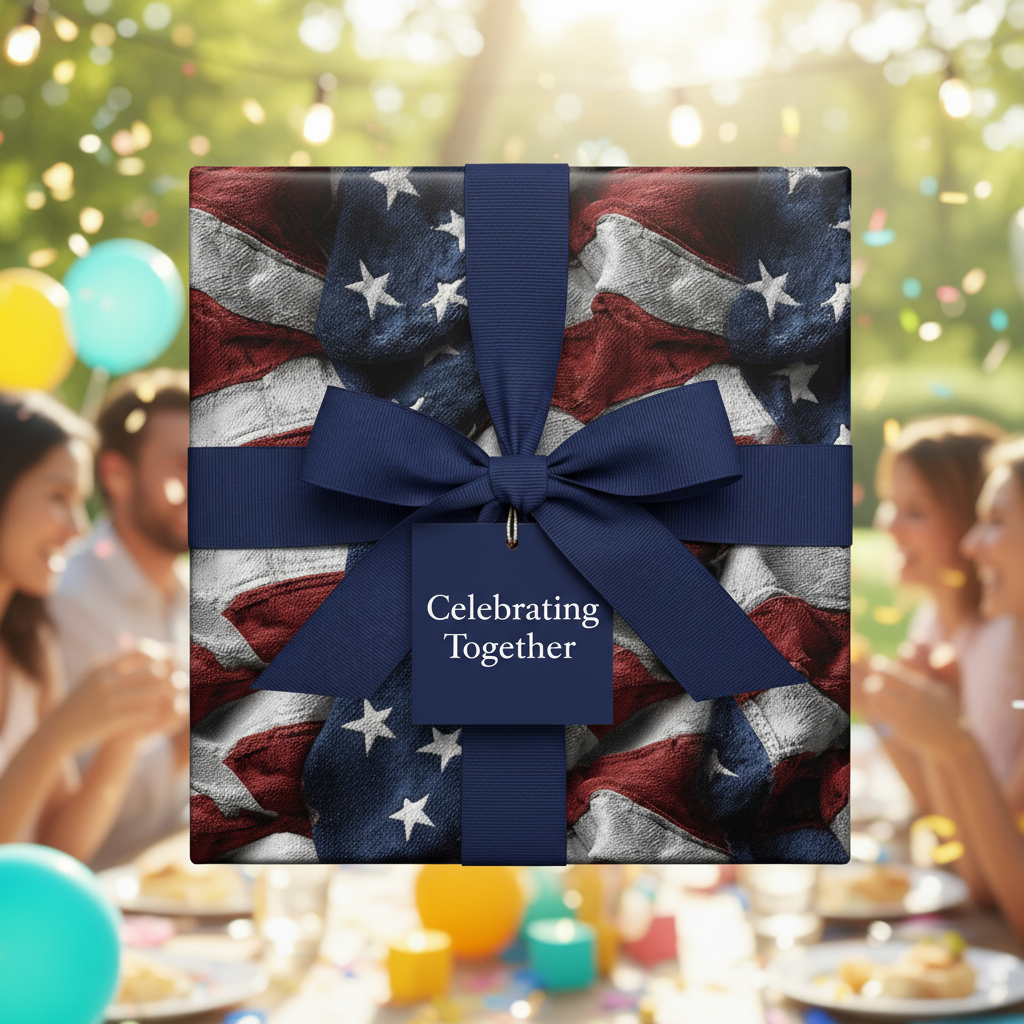 American flag wrapping paper on square gift box with blue ribbon and "Celebrating Together" tag.