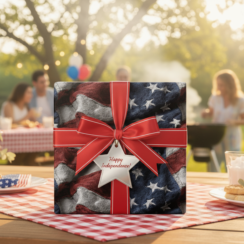 Patriotic gift wrapped in American flag wrapping paper with red ribbon for 4th of July or Independence Day.