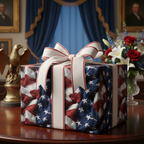 Gift box with patriotic American flag wrapping paper and white ribbon bow on a wooden table.