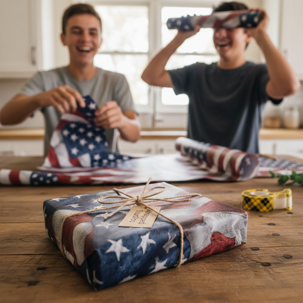 Patriotic gift wrap with American flag pattern, tied with rustic twine bow, for USA themed celebration.