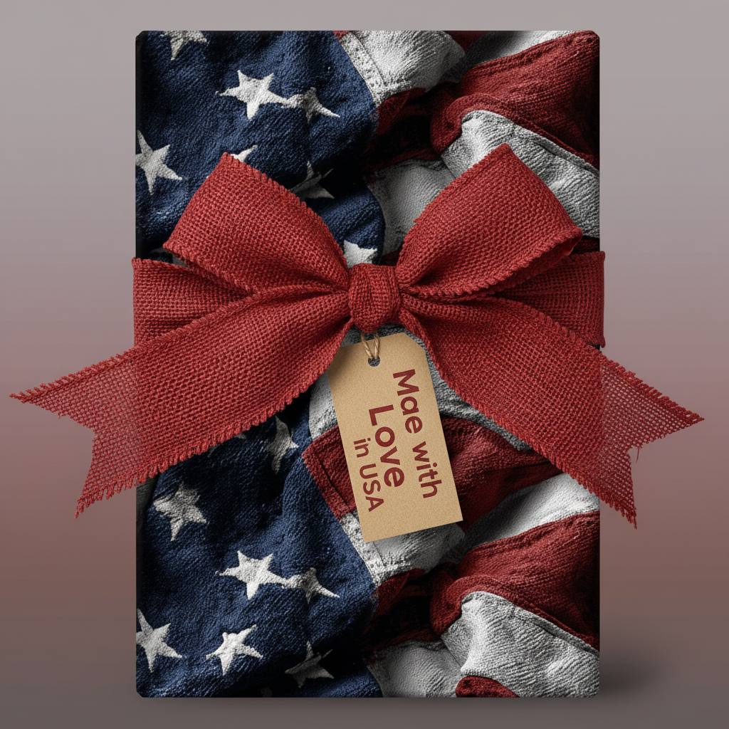 American flag gift wrap with red burlap ribbon and "Made with Love in USA" tag.