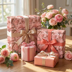 Elegant pink floral wrapping paper on gift boxes with satin ribbons. Luxury gift wrap by Wrapped Studios.