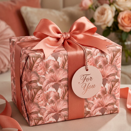 Elegant dusty rose floral wrapping paper with a matching satin ribbon and tag by Wrapped Studios.