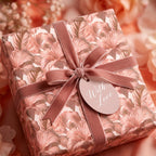 Elegant blush pink floral wrapping paper with a velvet ribbon and wedding gift tag by Wrapped Studios.