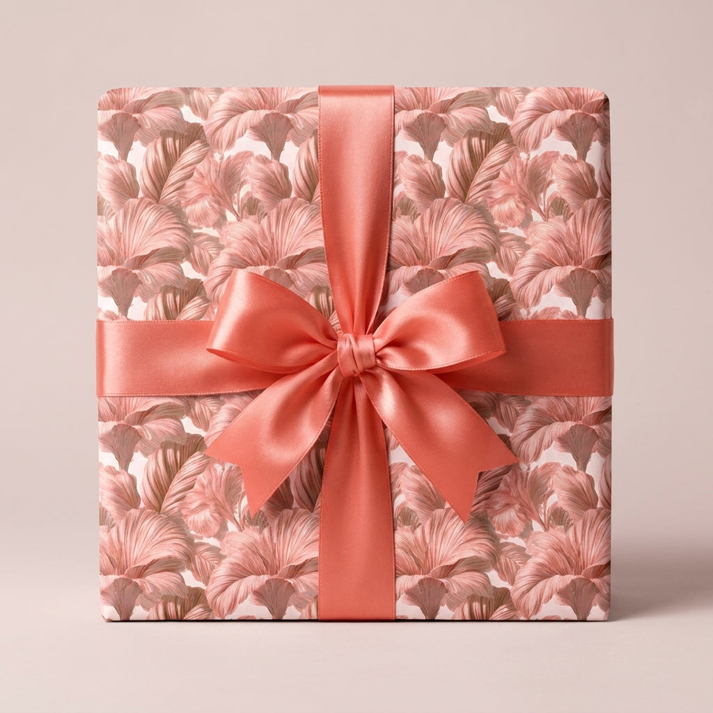 Luxury pink floral wrapping paper with a coral satin bow on a gift box by Wrapped Studios.