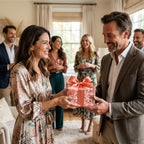 Woman presenting a gift in elegant floral wrapping paper with a coral bow by Wrapped Studios.