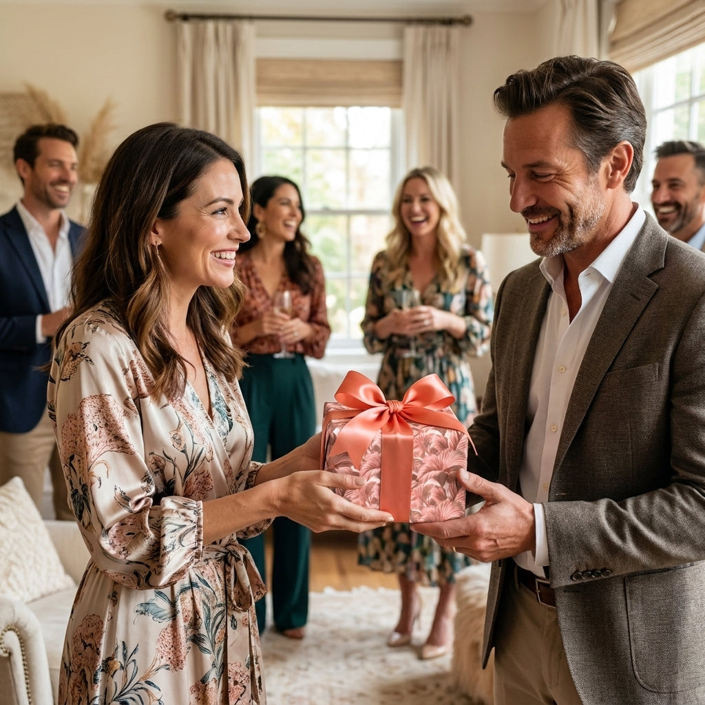 Woman presenting a gift in elegant floral wrapping paper with a coral bow by Wrapped Studios.