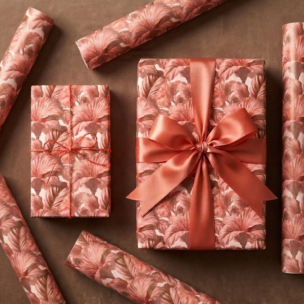 Luxury dusty rose floral wrapping paper on gift boxes with a satin bow by Wrapped Studios.