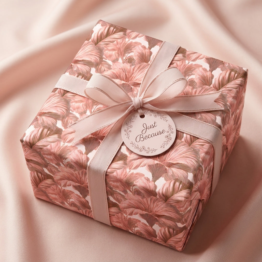 Elegant floral wrapping paper in blush pink with a ribbon and 'Just Because' gift tag by Wrapped Studios.
