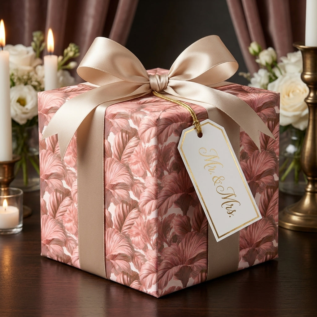 Luxury floral wedding wrapping paper in dusty rose with a champagne bow and Mr. and Mrs. tag by Wrapped Studios.