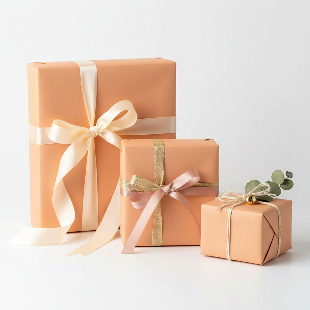 Peach gift boxes wrapped in solid color paper with satin ribbon bows, perfect for birthday presents or elegant gift wrapping.