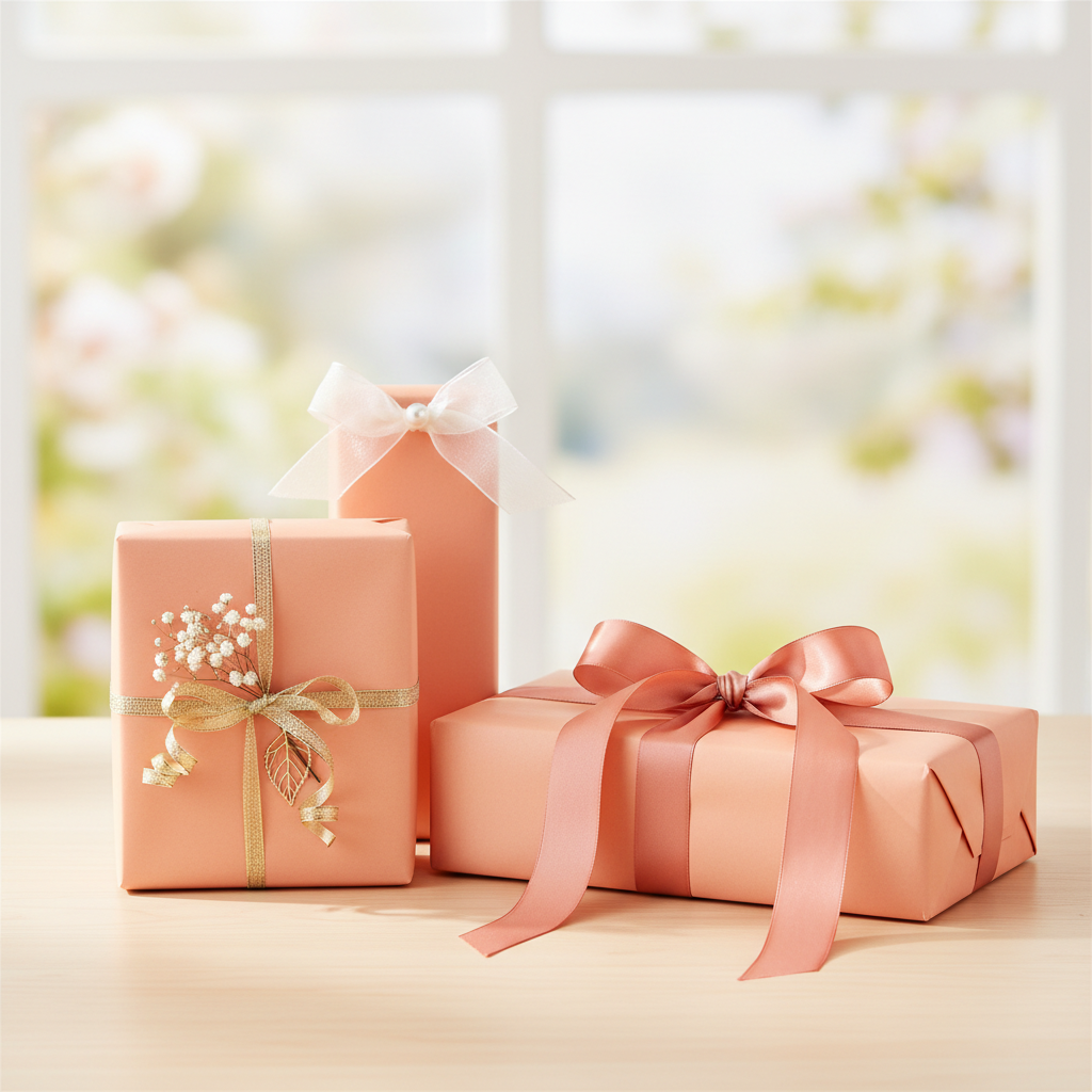 Peach wrapping paper gifts with silk ribbons, perfect for birthday, baby shower, or wedding presents.