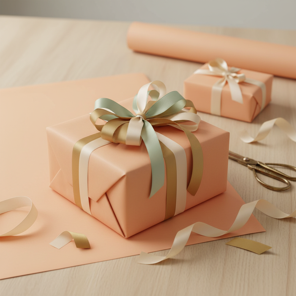 Peach wrapping paper mockup with ribbon. Elegant solid color gift wrap for birthdays, weddings, or baby showers.