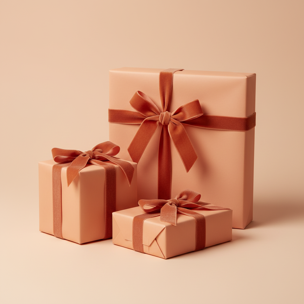 Elegant peach wrapping paper on square gift boxes with velvet ribbon bows.